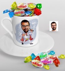 Kişiye Özel Elvis Presley Karikatürlü Türk Kahvesi Fincanı ve Haribo Şeker Hediye Seti