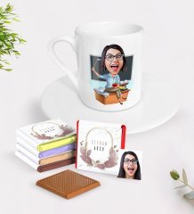 Kişiye Özel Bayan Öğretmen Karikatürlü Türk Kahvesi Fincanı ve Çikolata Hediye Seti-2