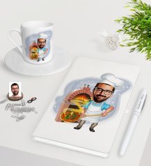 Kişiye Özel Erkek Kebapçı Karikatürlü Beyaz Defter Kalem Türk Kahvesi Fincanı Seti-1