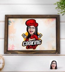 Kişiye Özel Kadın Chef Karikatürlü Doğal Ahşap Tepsi-11