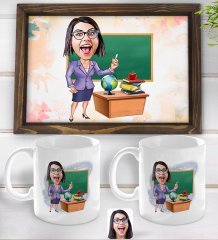 Kişiye Özel Kadın Öğretmen Karikatürlü Doğal Ahşap Tepsi ve 2’li Kupa Bardak Seti-1