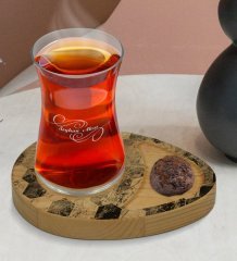 Kişiye Özel Mermer Tasarımlı Doğal Ahşap Tabaklı Heybeli Çay Bardağı Sunum Seti Model 16