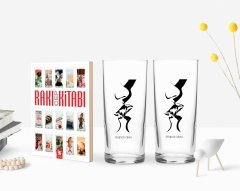 Kişiye Özel Renkli Baskılı Öpücük Tasarımlı İkili Rakı Bardağı ve Rakı Cep Kitabı Hediye Seti-1