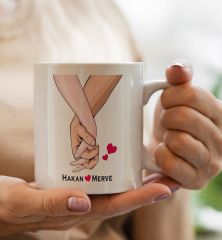 BK Gift Kişiye Özel Sevgili El Ele Tasarımlı Beyaz Kupa Bardak-3, Sevgililer Günü, Sevgiliye Hediye