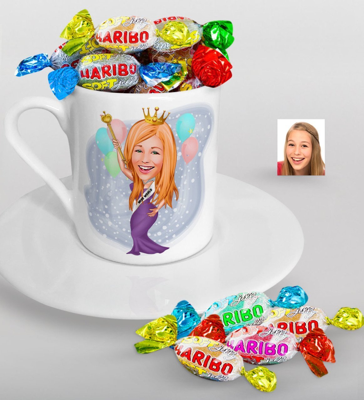 Kişiye Özel Dünya Güzeli Karikatürlü Türk Kahvesi Fincanı ve Haribo Şeker Hediye Seti-1