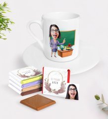 Kişiye Özel Bayan Öğretmen Karikatürlü Türk Kahvesi Fincanı ve Çikolata Hediye Seti-1