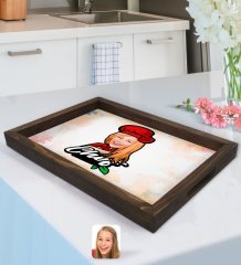Kişiye Özel Kadın Chef Karikatürlü Doğal Ahşap Tepsi-10