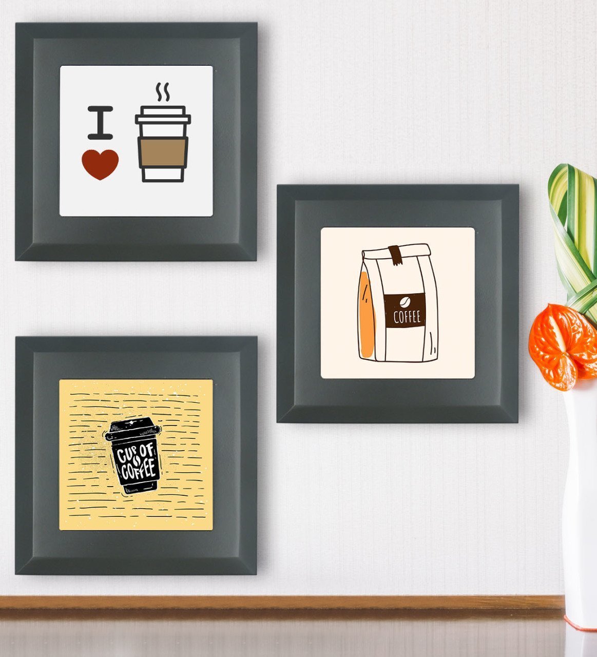 BK Gift Coffee Tasarımlı 3’lü Ahşap Çerçeveli Taş Duvar Dekoru-1