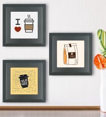 BK Gift Coffee Tasarımlı 3’lü Ahşap Çerçeveli Taş Duvar Dekoru-1