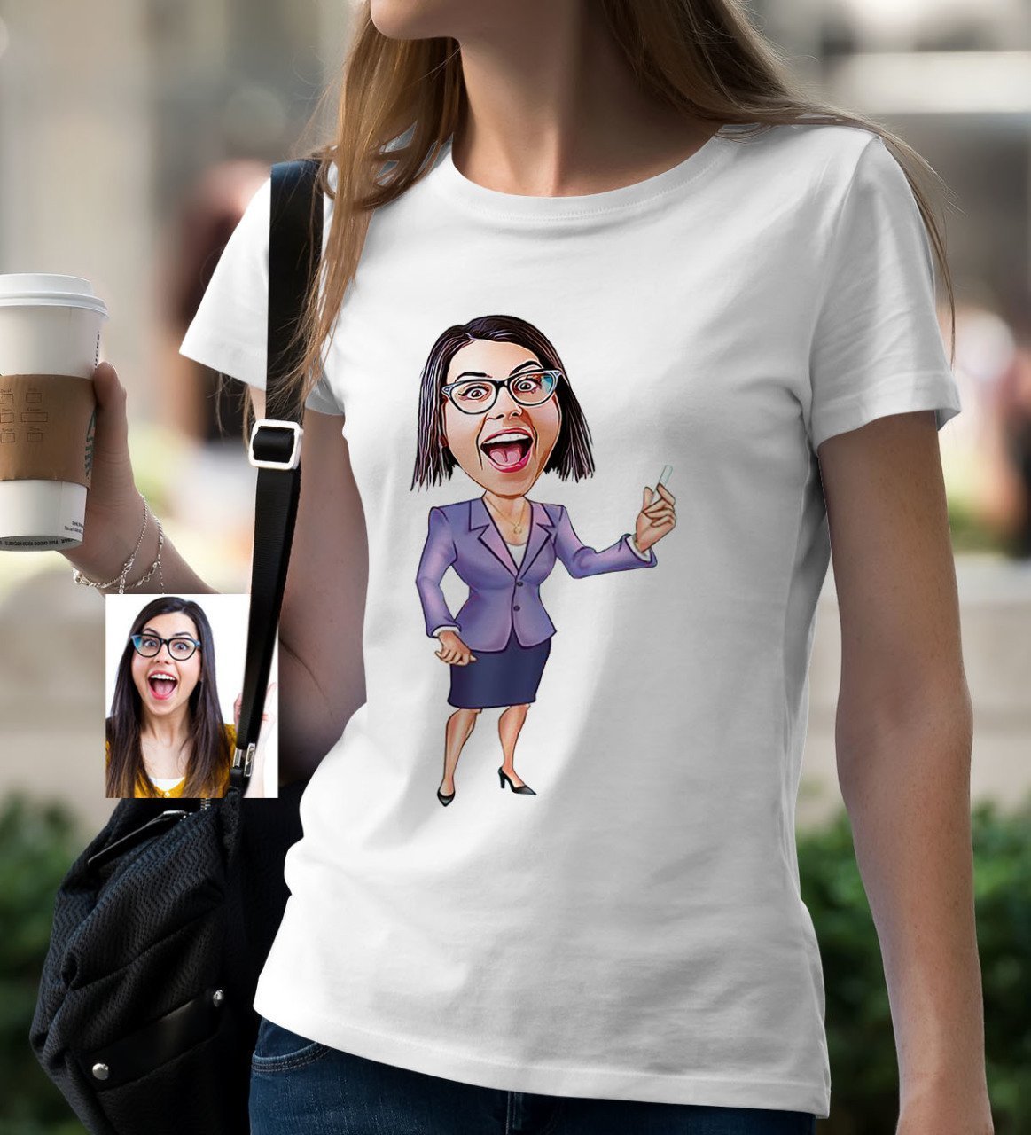Kişiye Özel Bayan Öğretmen Karikatür Beyaz Tişört - 1