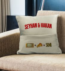 BK Gift Kişiye Özel Tasarımlı Organizer Kumanda ve Atıştırmalık Cepli Krem Kırlent Yastık- 2, Ev Dekoru, Ev Hediyesi