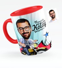 Kişiye Özel Bay Motorcu Karikatürlü Kırmızı Kupa Bardak - 1