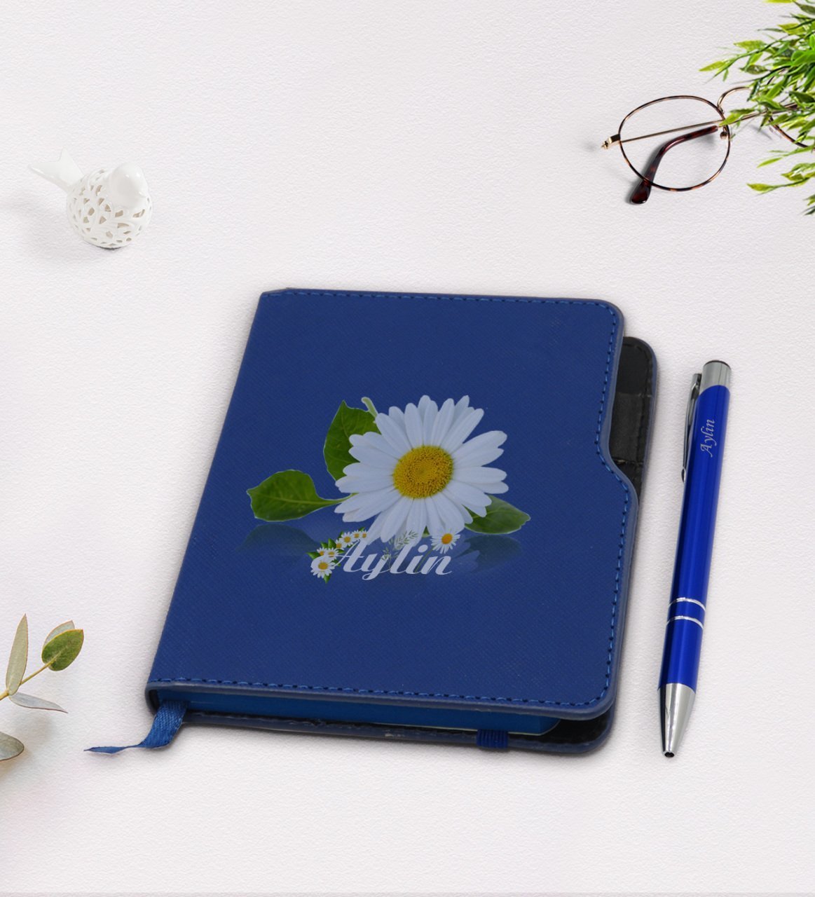 Kişiye Özel Papatya Temalı Lacivert Termo Deri Defter Kalem Seti-4