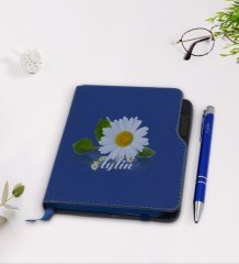 Kişiye Özel Papatya Temalı Lacivert Termo Deri Defter Kalem Seti-4