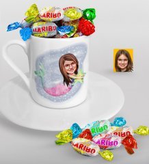 Kişiye Özel Deniz Kızı Karikatürlü Türk Kahvesi Fincanı ve Haribo Şeker Hediye Seti-1