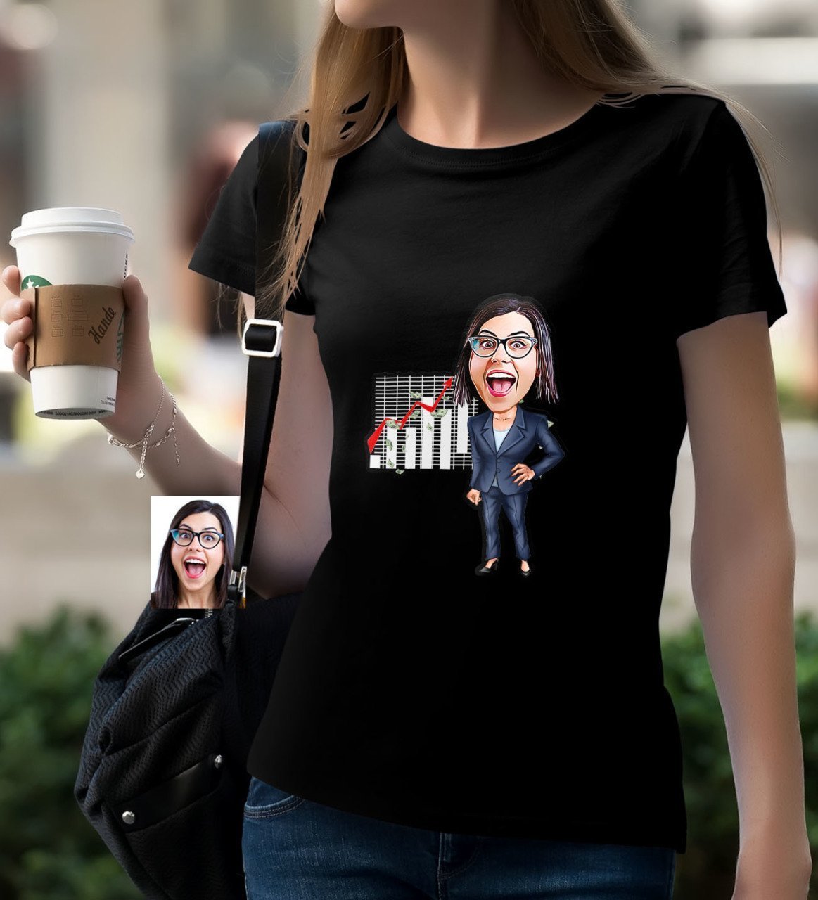 Kişiye Özel Bayan Patron Karikatürlü Siyah T-Shirt-1