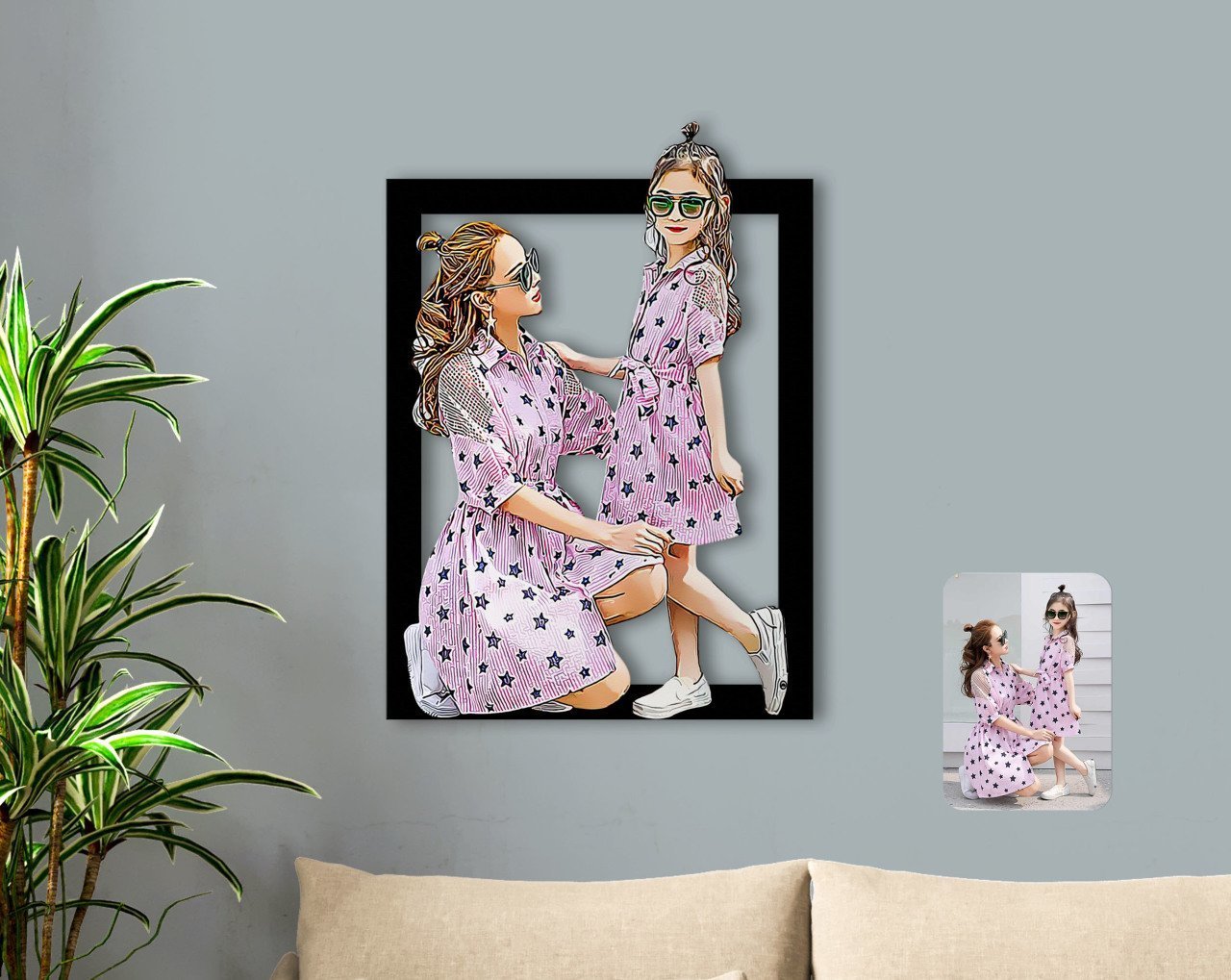 Kişiye Özel Tam Boy Anne ve Kız Karikatürlü 3D Ahşap Tablo-1