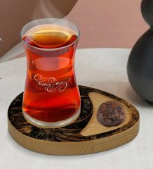 Kişiye Özel Mermer Tasarımlı Doğal Ahşap Tabaklı Heybeli Çay Bardağı Sunum Seti Model 14