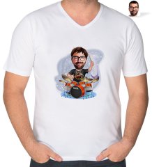 Kişiye Özel Erkek Baterist Karikatürlü V Yaka Tişört-1