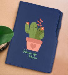 BK Gift Kişiye Özel Kaktüs Tasarımlı Lacivert Termo Deri Not Defteri 15x21cm-11