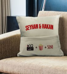 BK Gift Kişiye Özel Tasarımlı Organizer Kumanda ve Atıştırmalık Cepli Krem Kırlent Yastık- 1, Ev Dekoru, Ev Hediyesi
