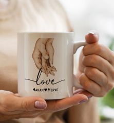BK Gift Kişiye Özel Sevgili El Ele Tasarımlı Beyaz Kupa Bardak-1, Sevgililer Günü, Sevgiliye Hediye