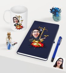 Kişiye Özel Bayan Avukat Karikatürlü Lacivert Defter Kalem Kupa Seti - 4