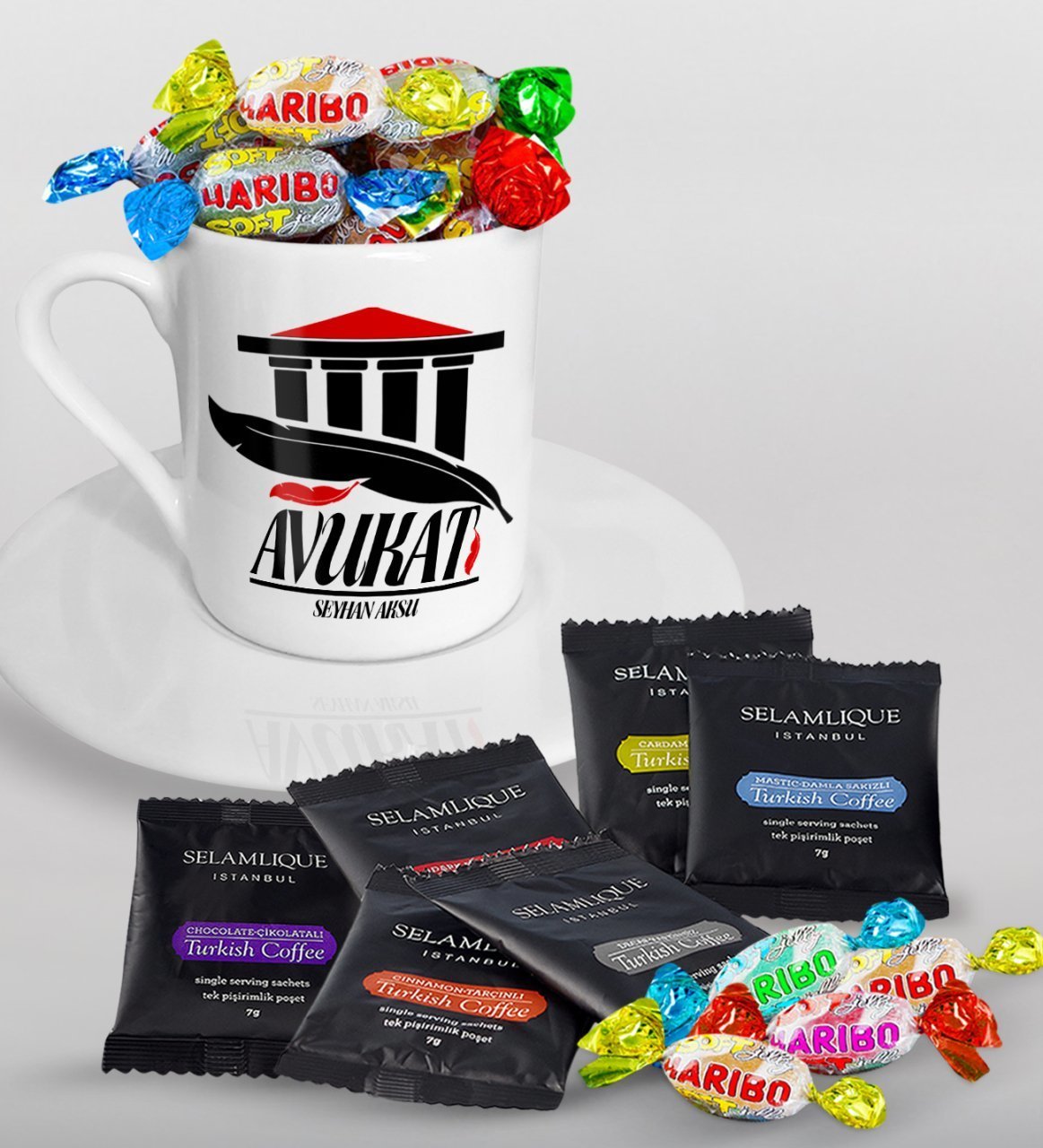Kişiye Özel Avukat Türk Kahvesi Fincanı Selamlique Karışık Türk Kahvesi ve Haribo Şeker Hediye Seti-3