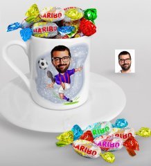 Kişiye Özel Bordo Mavi Futbolcu Karikatürlü Türk Kahvesi Fincanı ve Haribo Şeker Hediye Seti