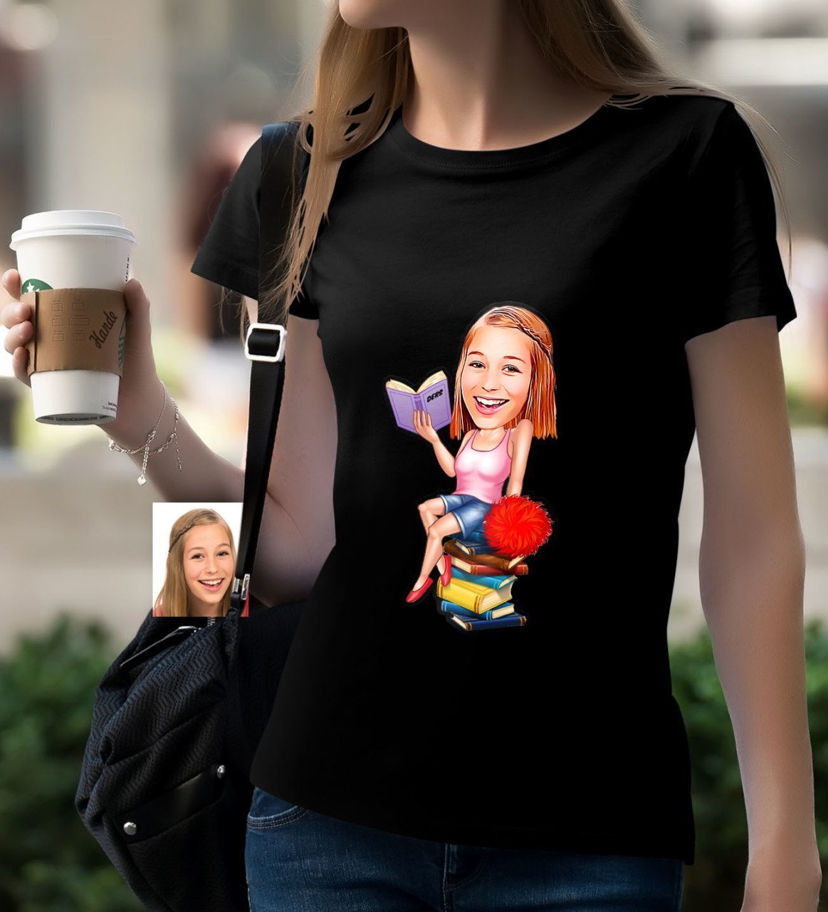 Kişiye Özel Bayan Öğrenci Karikatürlü Siyah T-Shirt