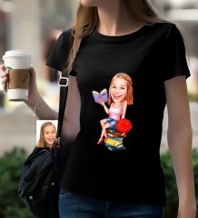 Kişiye Özel Bayan Öğrenci Karikatürlü Siyah T-Shirt