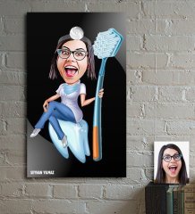 Kişiye Özel Bayan Diş Hekimi Karikatür Ahşap Tablo - 4