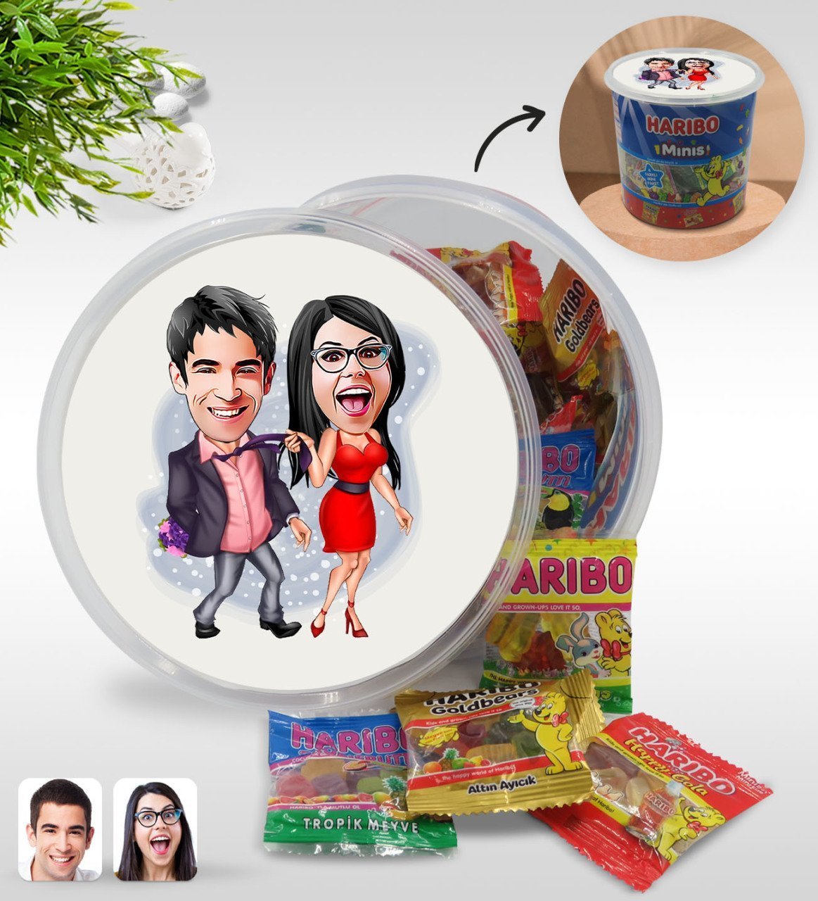 Kişiye Özel Sevgililer Karikatürlü Dev Boy Haribo Minis Kovası (10gx100adet) Model 4