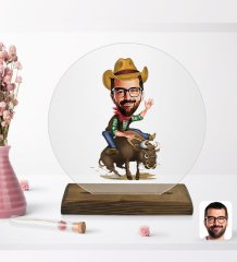 Kişiye Özel Rodeo Karikatürlü Yuvarlak Ahşap Standlı Biblo-1