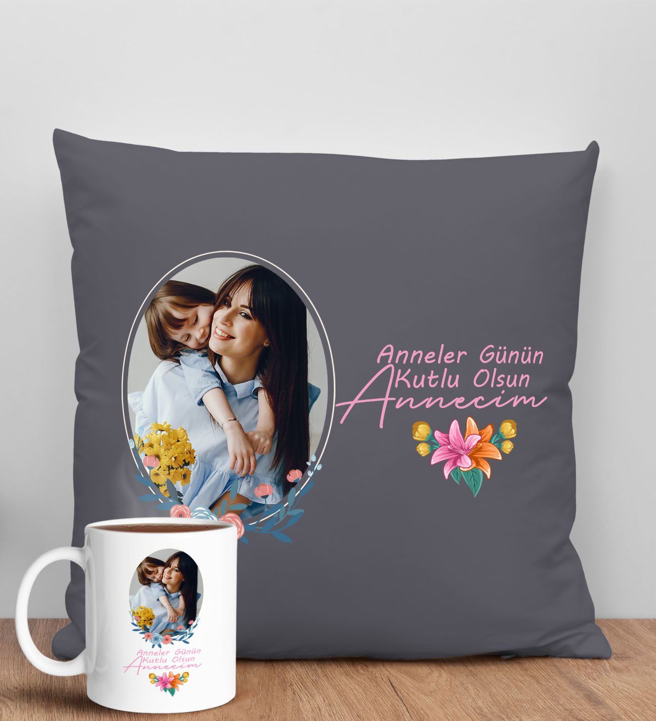 BK Gift Kişiye Özel Fotoğraflı Anneler Günü Tasarımlı Antrasit Kırlent Yastık ve Kupa Seti, Anneye Hediye, Ev Dekorasyonu, Anneler Günü Hediyesi-1