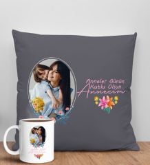 BK Gift Kişiye Özel Fotoğraflı Anneler Günü Tasarımlı Antrasit Kırlent Yastık ve Kupa Seti, Anneye Hediye, Ev Dekorasyonu, Anneler Günü Hediyesi-1