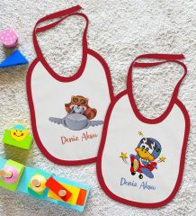 BK Kids Kişiye Özel Sevimli Pilot Tasarımlı 2’li Kırmızı Mama Önlüğü-1