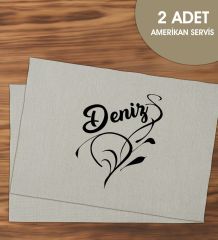 BK Gift Kişiye Özel İsimli 2’li Keten Amerikan Servis Seti-3, Ev Hediyesi,Baskılı Servis Bezi, Mutfak Dekoru
