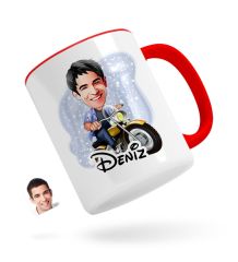 Kişiye Özel Erkek Motorcu Karikatürlü Kırmızı Kupa Bardak-1