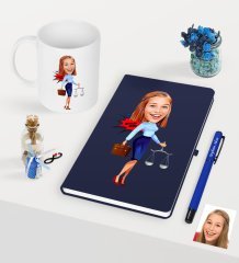 Kişiye Özel Bayan Avukat Karikatürlü Lacivert Defter Kalem Kupa Seti - 3