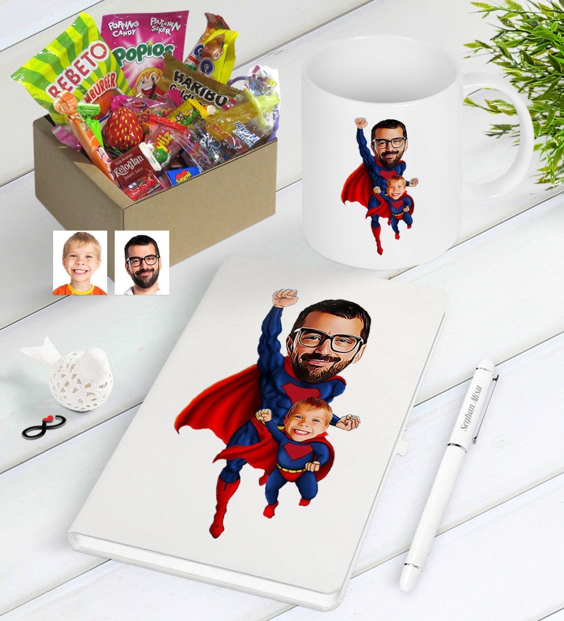 Kişiye Özel Süper Baba ve Çocuk Karikatürlü Nostaljik Lezzetler Defter Kalem Kupa Hediye Seti