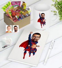 Kişiye Özel Süper Baba ve Çocuk Karikatürlü Nostaljik Lezzetler Defter Kalem Kupa Hediye Seti