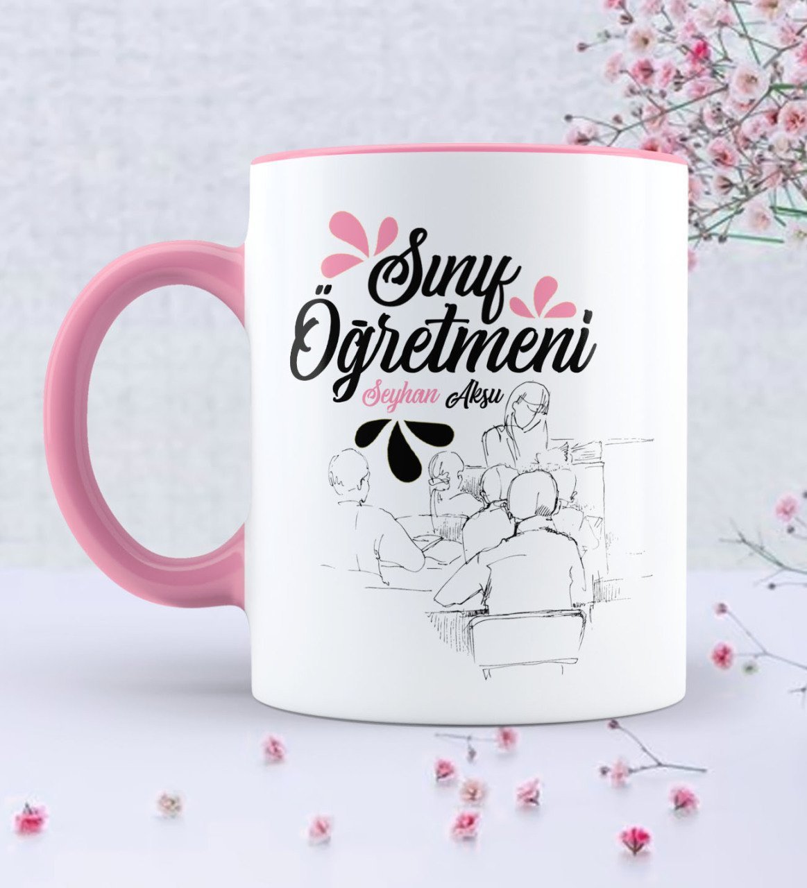 Kişiye Özel Sınıf Öğretmeni Pembe Kupa Bardak - 1