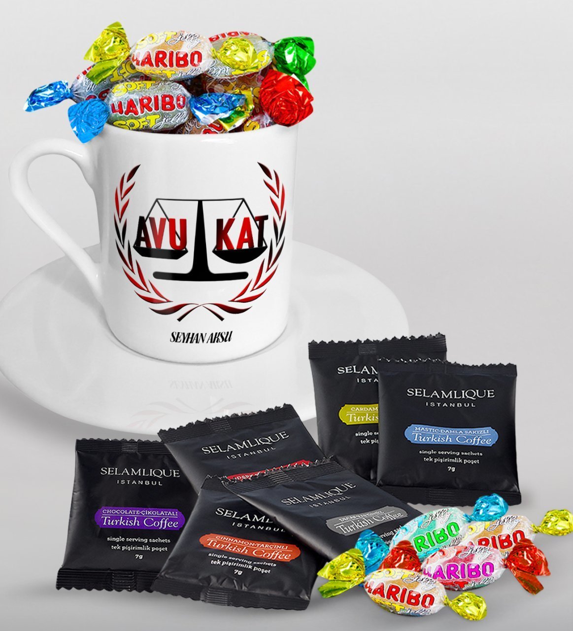 Kişiye Özel Avukat Türk Kahvesi Fincanı Selamlique Karışık Türk Kahvesi ve Haribo Şeker Hediye Seti-2