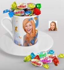 Kişiye Özel Bayan Karikatürlü Türk Kahvesi Fincanı ve Haribo Şeker Hediye Seti-46