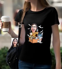 Kişiye Özel Bayan Muhasebeci Karikatürlü Siyah T-Shirt