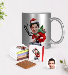 Kişiye Özel Erkek Yeni Yıl Karikatürlü Krom Kupa ve Çikolata Hediye Seti-2