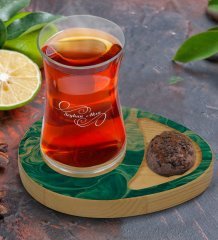 Kişiye Özel Mermer Tasarımlı Doğal Ahşap Tabaklı Heybeli Çay Bardağı Sunum Seti Model 12
