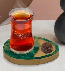 Kişiye Özel Mermer Tasarımlı Doğal Ahşap Tabaklı Heybeli Çay Bardağı Sunum Seti Model 12