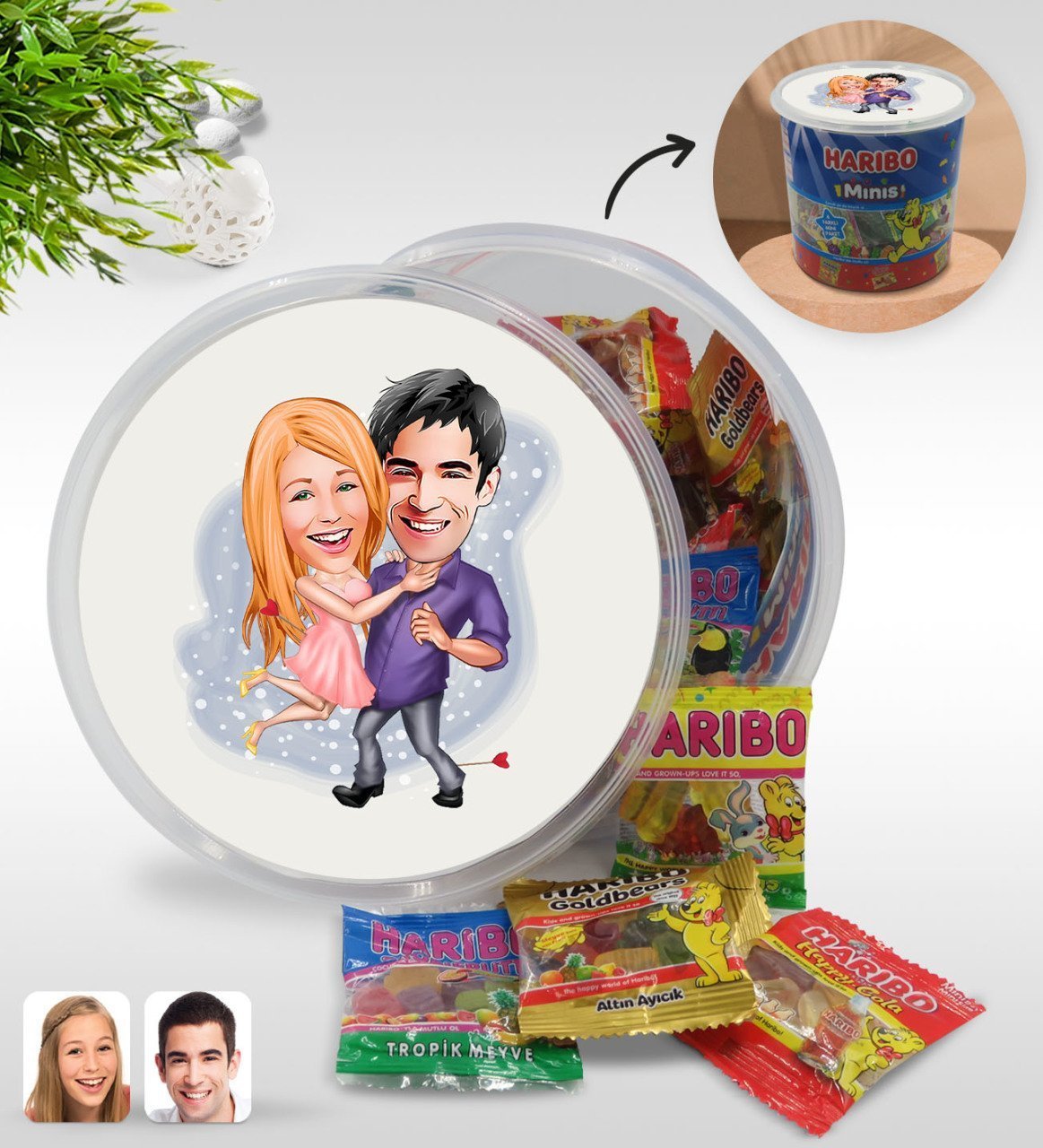 Kişiye Özel Sevgililer Karikatürlü Dev Boy Haribo Minis Kovası (10gx100adet) Model 3